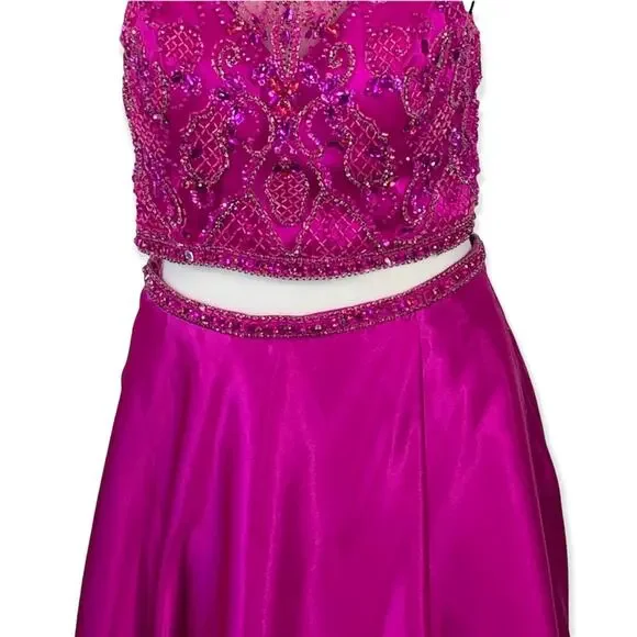Mori Lee Fuchsia Embellished 2 Piece Prom Dress Size 10 Halter Gown - Picture 7 of 16